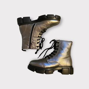 🎁 100% leather metallic gunmetal moto biker combat lace boots 39 9